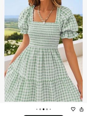 Green Gingham Smocked Midi Dress